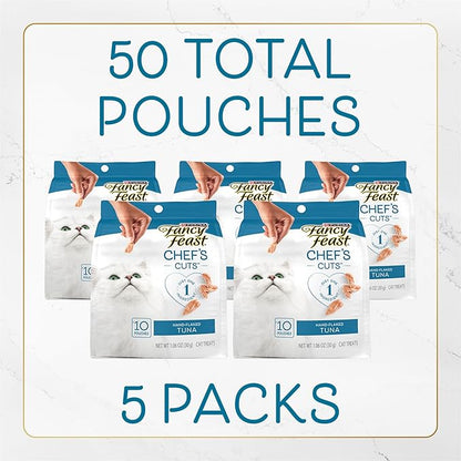 Purina Fancy Feast Purely Hand-Flaked Tuna Cat Treats, Steam-Baked Real Tuna, Pack of 5, 10 Count Pouches