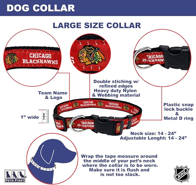 NHL Chicago Blackhawks Collar for Dogs & Cats, Large. - Adjustable, Cute & Stylish! The Ultimate Hockey Fan Collar!, Large (18-28" Length x 1" Width)