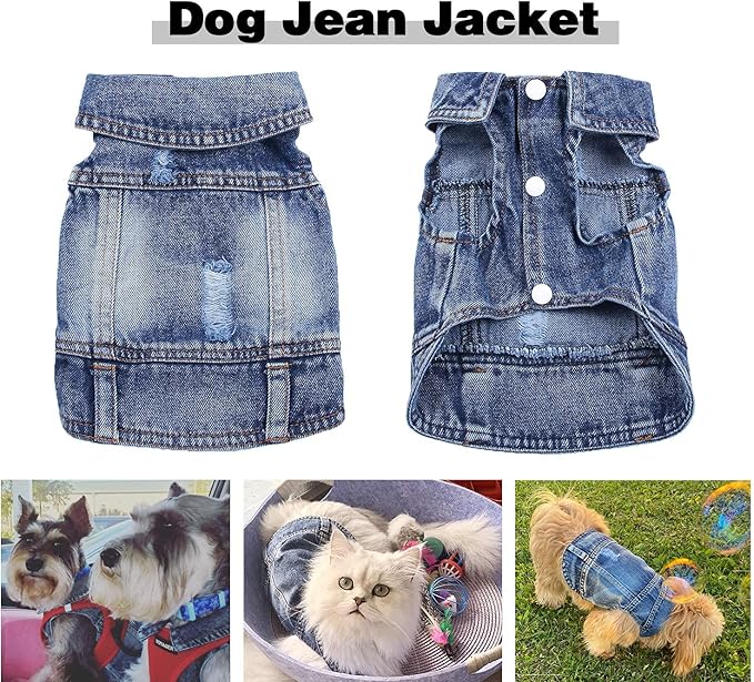 Jean Jacket, Blue Denim Lapel Vest Coat Costume, Dog & Cat T-Shirt Clothes, Cool & Funny Apparel Outfits, Machine Washable for Small & Medium Dogs & Cats (L)