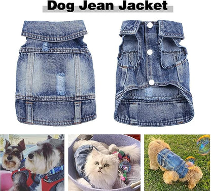 Jean Jacket Puppy Blue Denim Lapel Vest Coat Costume, Dog Boy Girl T-Shirt Clothes, Cool Funny Apparel Outfits, Machine Washable Dog Cat Outfits (S) Medium