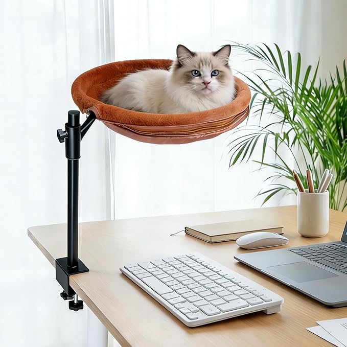 360° Rotating Cat Desk Bed, Height Adjustable Elevated Cat Perch with 2 Breathable & Warm Covers for All-Season Comfort, Quick Install, Supports up to 30 lbs