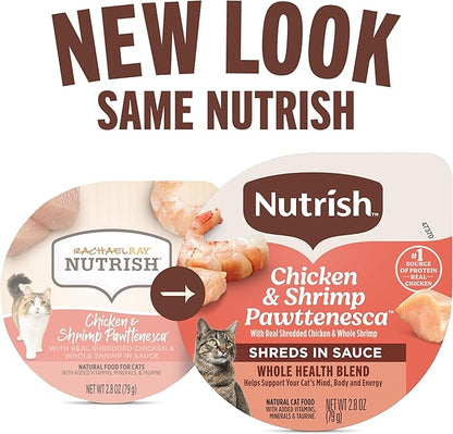 Nutrish Grain Free Wet Cat Food Chicken & Shrimp Pawttenesca Whole Health Blend with Real Shredded Chicken & Whole Shrimp in Sauce, 2.8 oz. Cup (Rachael Ray) (Pack of 12)