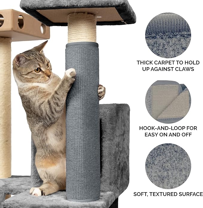 Furhaven Wrap Around Scratching Post Cover for Indoor Cats, Fits Posts Up to 3.5" Diameter, Durable & Less Mess - Tiger Tough Carpet Scratch Mat - Gray, Extra Large/XL