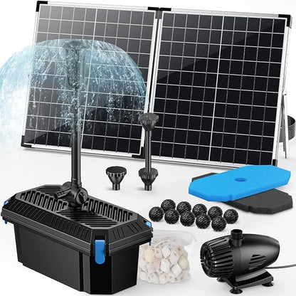 55W Solar Fountain Pump with Pond Filter Box, Solar Pond Pump 580GPH Adjustable Flow, Pond Filters for Outdoor Ponds Fish Tank Pool Waterfall Koi Pond Water Features