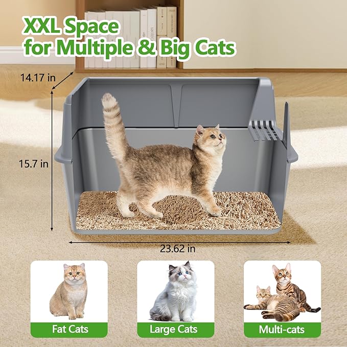 Stainless Steel Litter Box with Lid,14” XXL Litter Metal Litter Box with High Sided, Anti-Urine Leakage, Easy Cleaning & Odor-Less, Include Scoop