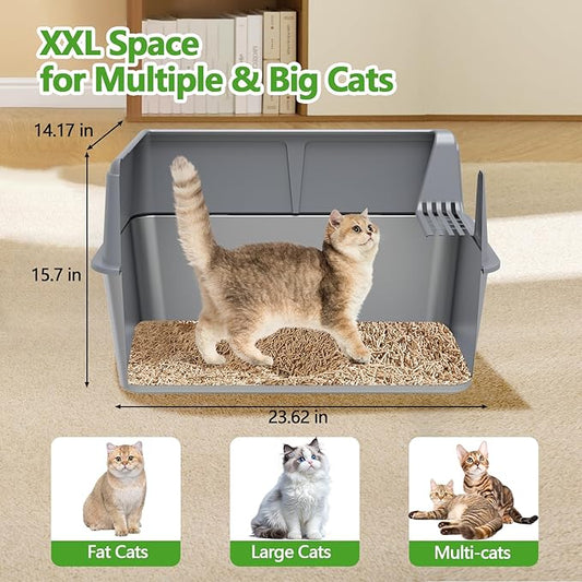 Stainless Steel Litter Box with Lid,14” XXL Litter Metal Litter Box with High Sided, Anti-Urine Leakage, Easy Cleaning & Odor-Less, Include Scoop
