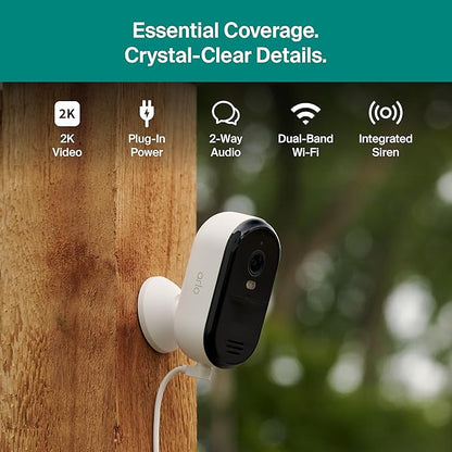 Arlo Essential Security Camera 2K (2025 Release) + 6 Months of Secure Plus Plan - Continuous Wired Plug-in Power Outdoor Camera, Person Recognition, Package Detection, Animated Preview, 1 Cam, Black