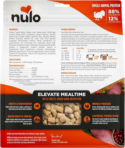 Nulo Freeze-Dried Raw Turkey Recipe with Cranberries Complete and Balanced Dry Dog Food Kibble, 18 Ounce Bag