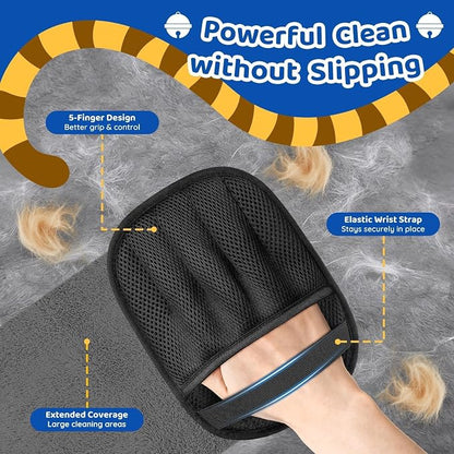 Pet Hair Removal Glove for Dogs & Cats, 2 Packs Five-Finger Grip, Black | Reusable Washable Pet Hair Remover Tool, Lightweight Ergonomic Portable Dog Hari Remover for Couch, Carpet, Bed, Cloth