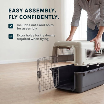 SportPet Airline Compliant MEDIUM 24.25" Travel Dog Kennel-Durable Plastic Airline Pet Carrier w/Removable Wheels & Food Bowls, Collapsible Indoor/Outdoor Dog Kennel, Dogs up to 23"L & 15"H-Cream/Gray