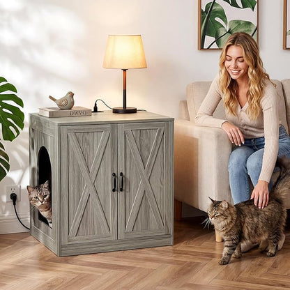YITAHOME Large Hidden Litter Box Furniture with Power Outlets, Wooden Cat Litter Box Enclosure for Self-Cleaning Litter Boxes, Indoor Wooden Storage Cat Cabinet, Wash Grey