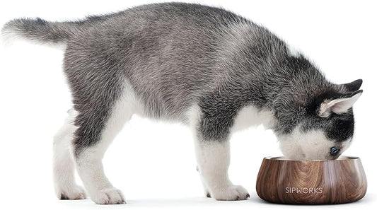 Sipworks Stainless Steel Dog Bowl – 32oz Weighted Metal Food and Water Bowls for Dogs and Cats with Non-Slip Base - Pet Bowls for All Breeds Sizes for Travel & Outdoor Play - Mahogany