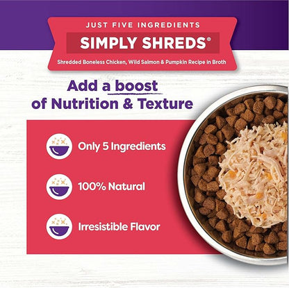 Wellness Bowl Boosters Simply Shreds Wet Dog Food Topper for Small, Medium, & Large Breeds, Grain Free, Natural, Wild Salmon & Pumpkin, 2.8 Ounce Pouch (Pack of 12)