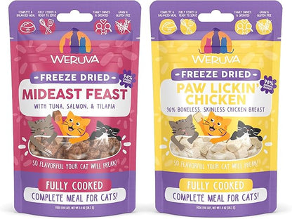 Bundle of Weruva Cat Freeze Dried Foods, Mideast Feast with Tilapia, and Paw Lickin' Chicken with Chicken Breast, 1oz Bags
