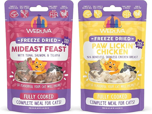 Bundle of Weruva Cat Freeze Dried Foods, Mideast Feast with Tilapia, and Paw Lickin' Chicken with Chicken Breast, 1oz Bags