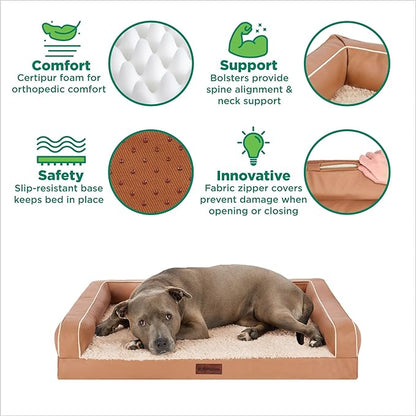 Furhaven Cooling Dog Sofa Bed – Memory Foam Couch with Bolsters, Textured Plush & Water-Resistant Cover, Washable Cover - Camel, Jumbo Plus