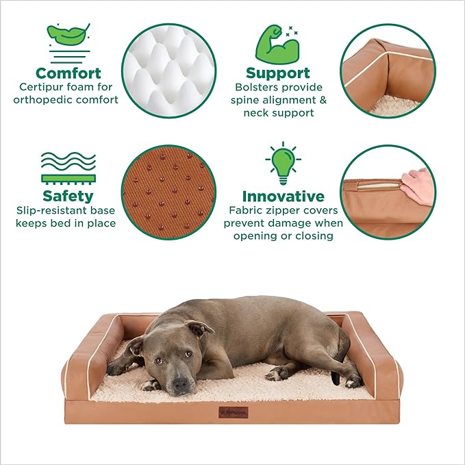 Furhaven Orthopedic Dog Sofa Bed – Memory Foam Couch with Bolsters, Textured Plush & Water-Resistant Cover, Washable Cover, Joint Support - Camel, Jumbo Plus