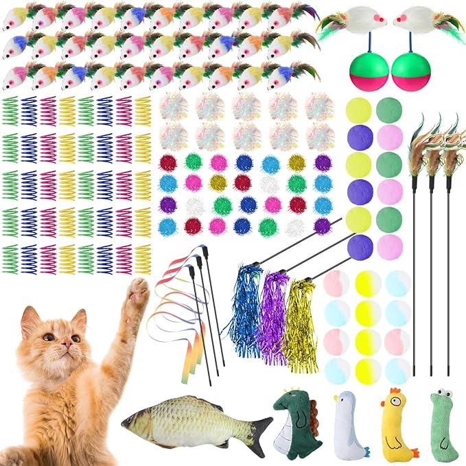Shappy 150 Pcs Cat Toys for Indoor Cats Bulk, Kitten Toys Pack, Variety Interactive Gift Including Mice Interactive Silent Ball Spring Crinkle Balls Gift for Kitty Kitten Cat