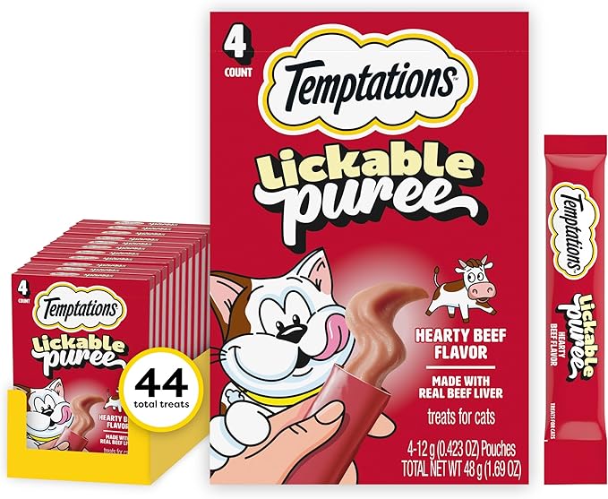 Temptations Creamy Puree Squeezable Lickable Cat Treats, Wet Cat Treats with Beef Liver, 0.42 oz. Tubes, 4 Count, Pack of 11 (44 Total)