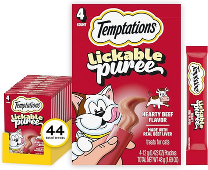 Temptations Creamy Puree Squeezable Lickable Cat Treats, Wet Cat Treats with Beef Liver, 0.42 oz. Tubes, 4 Count, Pack of 11 (44 Total)