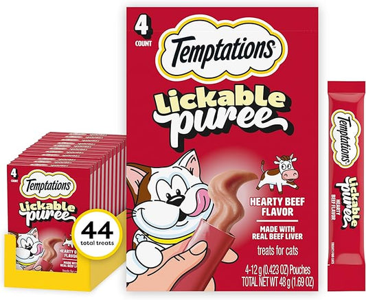 Temptations Creamy Puree Squeezable Lickable Cat Treats, Wet Cat Treats with Beef Liver, 0.42 oz. Tubes, 4 Count, Pack of 11 (44 Total)