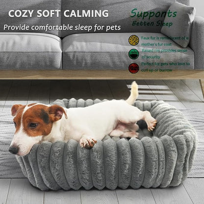Rectangle Dog Bed for Small Dogs Washable Furry Puppy Beds,Orthopedic Soft Calming Warming Sleeping Cat Bed with Sides,Cozy Corduroy Fleece Square Pet Beds for Large Cat and Puppy,Warm Grey 20x19 Inch