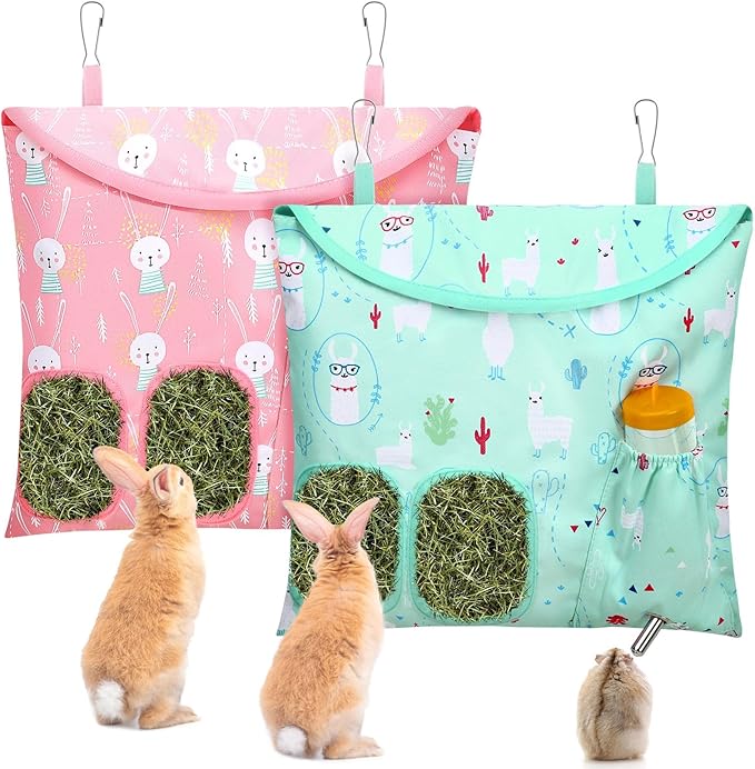 UPINS 2 Pack Hay Bag for Rabbits 2-Hole Hanging Hay Feeder Guinea Pig Hay Bags, Hay Feeder for Rabbits Chinchillas Hamsters Small Pets and Animals