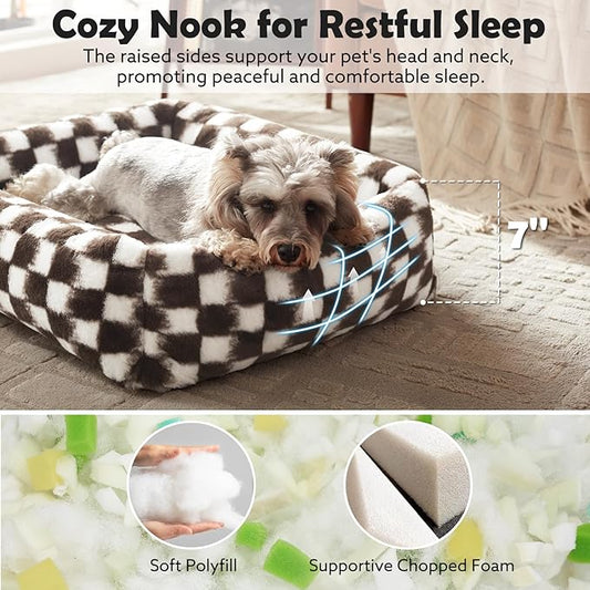 JOEJOY Dog Bed for Small Medium Dogs, Removable Washable Cover Orthopedic Soft Faux Rabbit Fur Pet Bed, Anti-Slip Fluffy Plush Puppy Bed, 25"x21"x7", Checkered, Brown
