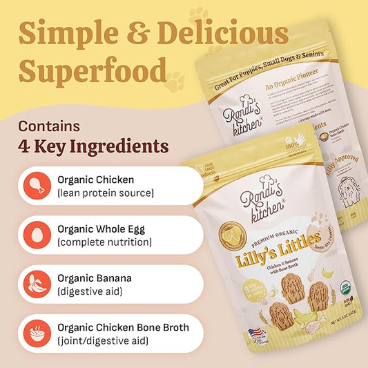 Rondi's Kitchen Lilly's Littles Organic Tender Dog Treats - Natural Doggie Cookie for Small Dogs, Puppy, Senior, Training - Human Grade Superfood Biscuit with Bone Broth - Chicken & Banana