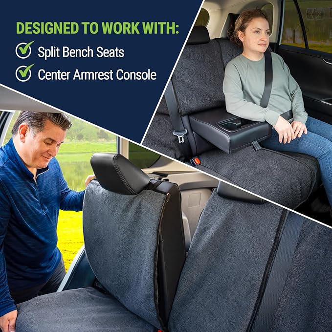Season Guard Back Seat Towel Seat Cover for Cars; Great for After Gym Workouts, Dogs, and Outdoor Activities; Universal Fit for Cars SUVs Vans Trucks Rear Seats, EZ fit, Non Slip Grip, Grey