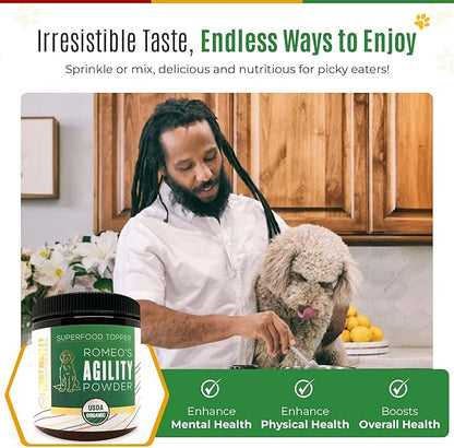 Organic Agility Superfood Powder for Dogs & Cats – Support Agility & Mobility - USDA Organic Bone Broth, Turmeric, & 3 Functional Mushrooms