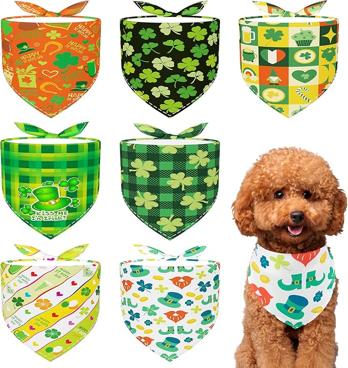 St Patricks Day Dog Bandanas for Small Dogs Breed 7 Pcs Stitching Edge Shamrocks Dog Bandanas Adjustable Scarves Grooming S