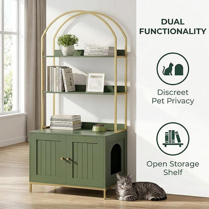 Homhedy Cat Litter Box Enclosure, Litter Box Furniture Hidden with 2-Tier Storage Shelves, Wooden Cat Washroom Furniture with Metal Frame, Modern Style, Green and Gold