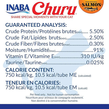 INABA Salmon Churu Cat Treats, Lickable, Squeezable Creamy Purée Cat Treat with Green Tea Extract & Taurine, 0.5 Ounces Each Tube, 24 Tubes (4 per Pack), Salmon with Tuna Recipe