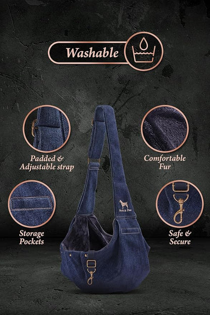 Noah & Paw Dog Sling Carrier for Small Dogs 3-10lb, Dog Sling for Small Dogs and Cats, Dog Carrier with Adjustable Padded Strap, Premium Denim, Lined with Fur, Double Safety Feature, Machine Washable