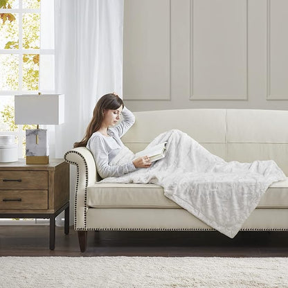Madison Park Zuri Soft Plush Luxury Oversized Faux Fur Throw Animal Stripes Design, Faux Mink On The Reverse, Modern All Seasons Blanket for Bed, Sofa Couch, Office, White, 60x70
