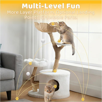 COSIEST 42.5" Tall Cat Tree Tower for Indoor Cats, Modern Cat Tower with Natural Sisal Scratching Posts, Ball & Resin Trunks, Rattan Cat Tree with Condo, Cat Furniture for Multi-Cat Households, White