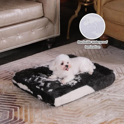 Bedfolks Plush Waterproof Dog Crate Bed, Removable Washable Cover, Faux Fur Pad for Small Dogs & Cats, 17"x12", Black-White Cowhide