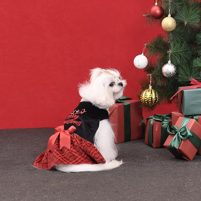 CuteBone Christmas Dog Dresses Velvet Holiday Small Dogs Clothes Onesie Pet Apparel Girl Puppy Skirt with Bow Hair Rope CVA59L-D