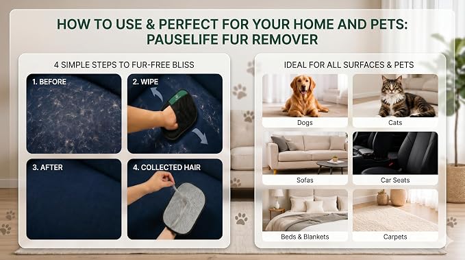 Pet Hair Remover Glove - Reusable Double-Sided Lint Brush Mitt for Dog and Cat Hair, Removes Fur from Furniture, Couch, Carpet Car Seats & Clothing