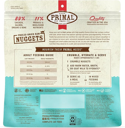 Primal Freeze Dried Raw Cat Food Nuggets Chicken & Salmon, Complete & Balanced Meal or Topper, Premium, Healthy, Grain Free, High Protein Raw Cat Food with Probiotics (14 oz)