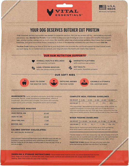 Vital Essentials Freeze Dried Dog Food, Raw Lamb & Whitefish Soft Nibs | Complete Meal or Topper | 99% Lamb, Whitefish, Organs & Bone | High Protein, Grain Free Dry Dog Food | 14 oz Bag
