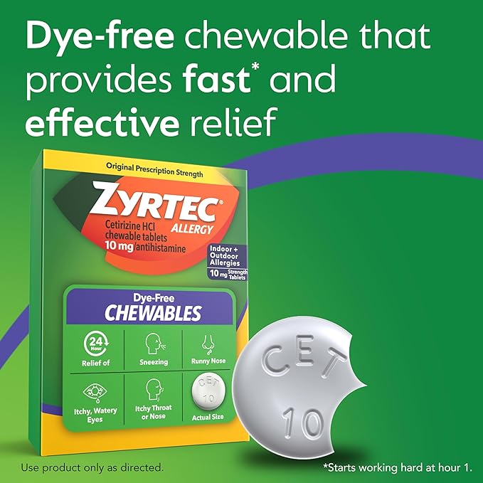 Zyrtec 24 Hour Allergy Relief Chewable Tablets, 10 mg Cetirizine Hydrochloride Antihistamine, Dye-Free Allergy Medicine for Runny Nose, Sneezing, Itchy, Watery Eyes, Indoor & Outdoor Allergies, 24 ct