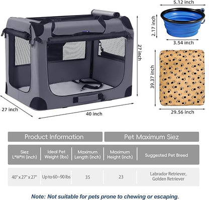 Petprsco 40 Inch Collapsible Dog Crate, Portable Dog Crates for Large Dogs, XL Dog Crate for Travel, 3 Door Soft Dog Kennel with Durable Mesh Windows Indoor & Outside