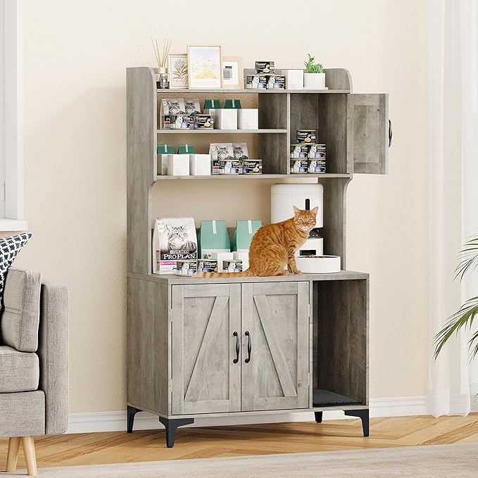 GarveeLife Cat Litter Box Enclosure with Shelves, Litter Box Cabinet, Hidden Cat Box Furniture with Scratching Mat, Wood Sturdy Cat Washroom Storage, Indoor Cat House,Grey