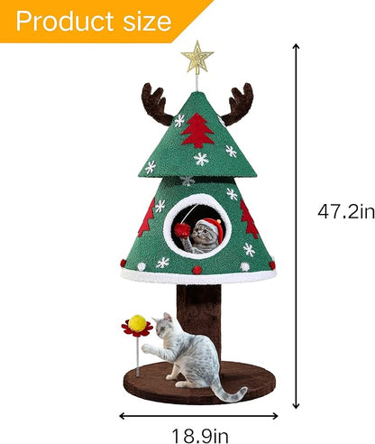 DWVO Christmas Cat Houses for Indoor Cats, Christmas Cat Tree Tower with 2 Cozy Houses, Kitty Furniture with Teaser Plaything for Christmas Decoration
