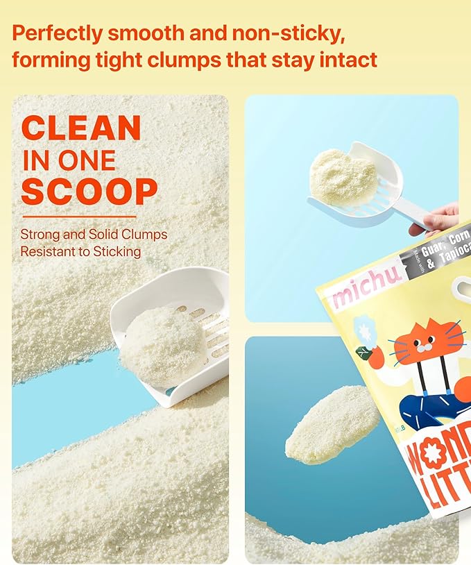 Michu Wonder Cat Litter, Cassava Plant-Based Cat Litter, Automatic Litter Box Friendly, Flushable & Fast Clumping, Low Dust Odor Control, 5.5lb/88oz - Unscented 1 Pack