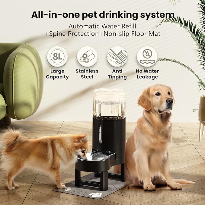 CZPET Elevated Dog Water Bowl Dispenser 8L (8L+Stand+Mat, Black) | With Stainless Steel Bowl Gravity Waterer, Large Capacity and Drinking Area Noise-Free for Pets