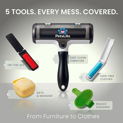 5-in-1 Kit Pet Hair Remover for Furniture & Couch - Reusable Lint Roller, Dog & Cat Fur Remover for Carpet, Car & Clothes, Mini Travel Roller, Grooming & Bath Brush Set for Sofa, Upholstery & Bedding
