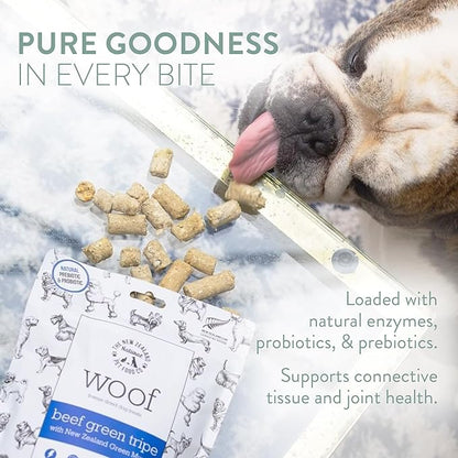 The New Zealand Natural Pet Food Co. WOOF Freeze Dried Dog Treats - Beef Green Tripe, High Protein, Treats Small & for Large Dogs, Natural, Topper or Dog Treat, 1.4 oz